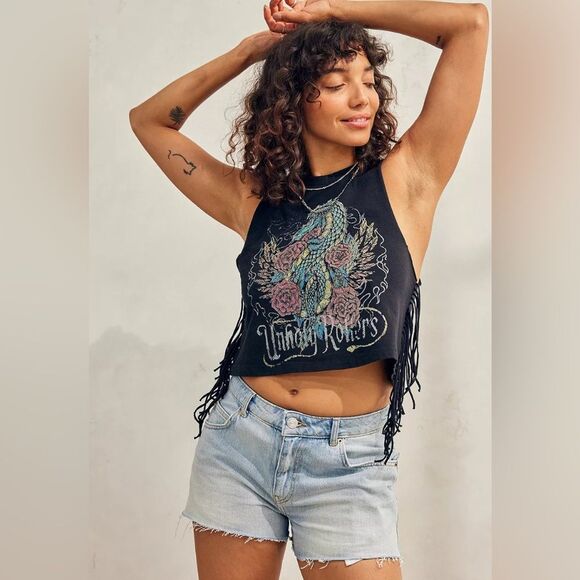 Urban Outfitters Black Top Fringe Dragon Indie Grunge Alternative NWT Size Small - Picture 2 of 11